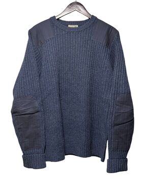LL BEAN 100% Lamb's Wool Ribbed Commando Heathered Navy Sweater Patches Men's M